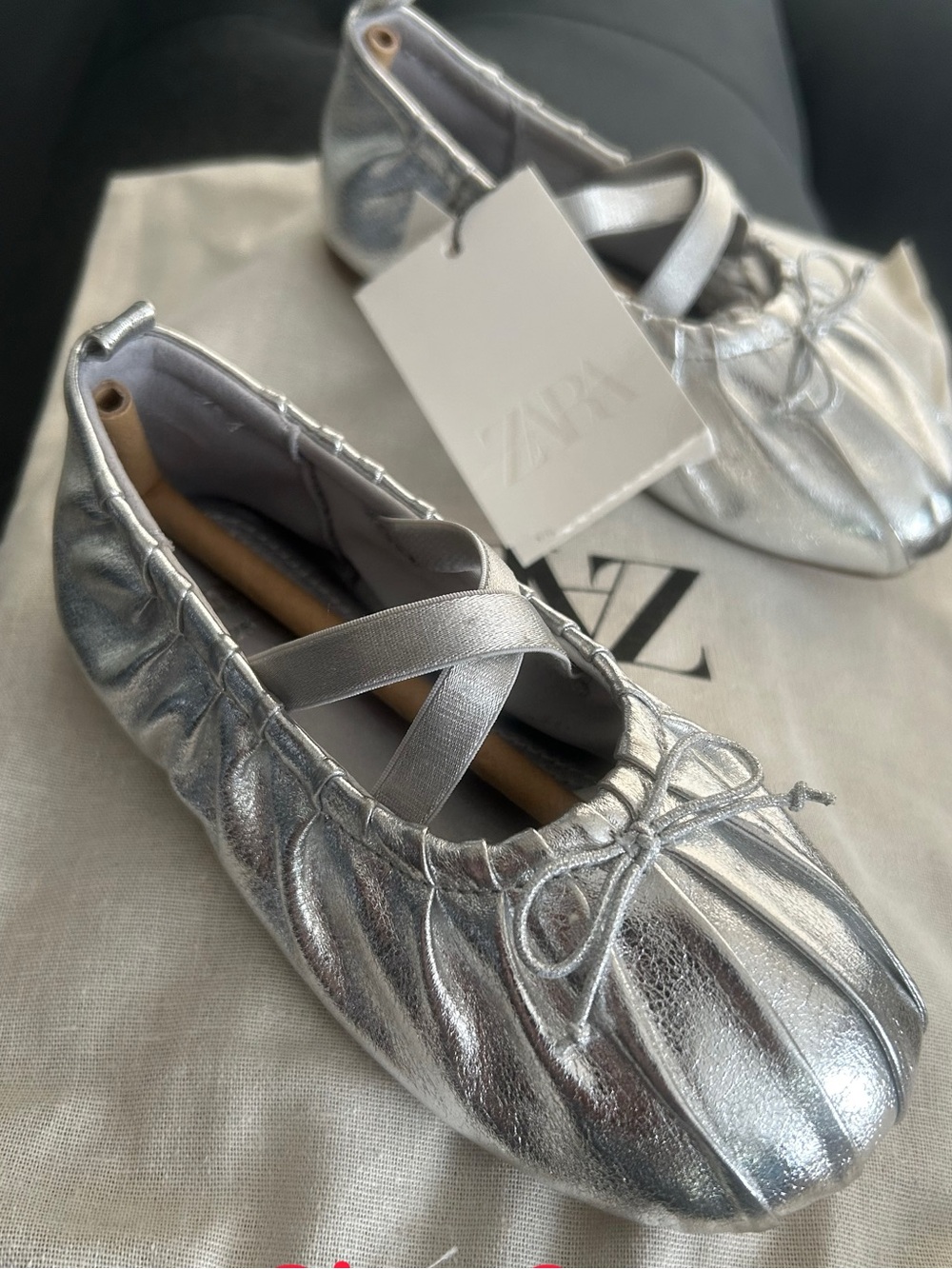 ZARA Metallic Silver Ballet Flats with Cross Strap and Bow